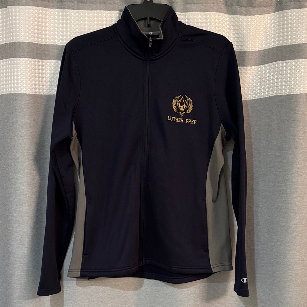 Champion Navy and Gray Jacket with Gold Luther Prep Logo